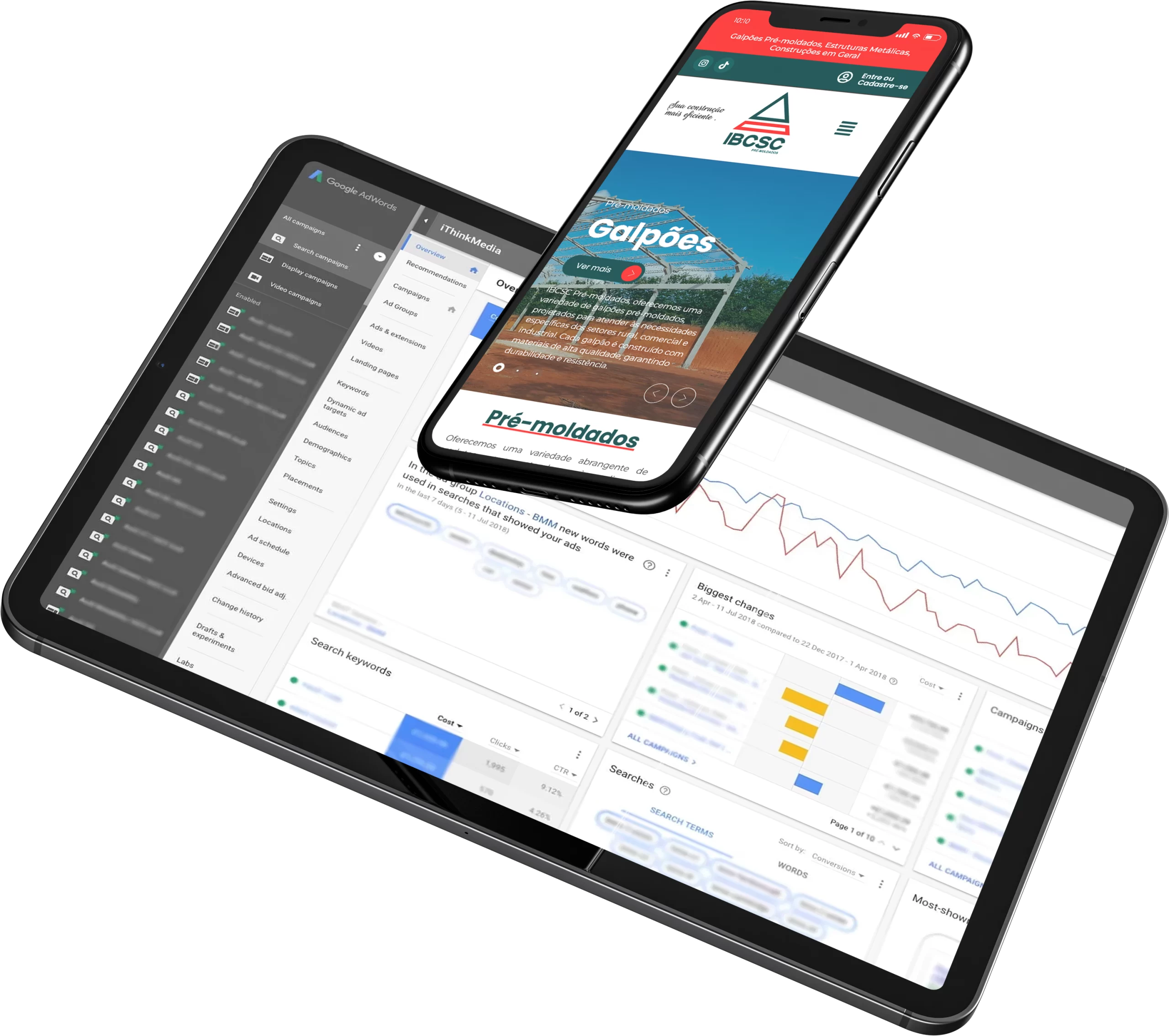 Imagem de um site no celular e uma tela do Google Ads mostrando os resultados de campanhas